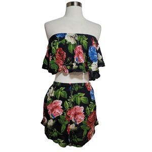 SHEIN Women's Black Floral Crop Top Shorts Night Pajama Lounge Set Size 16